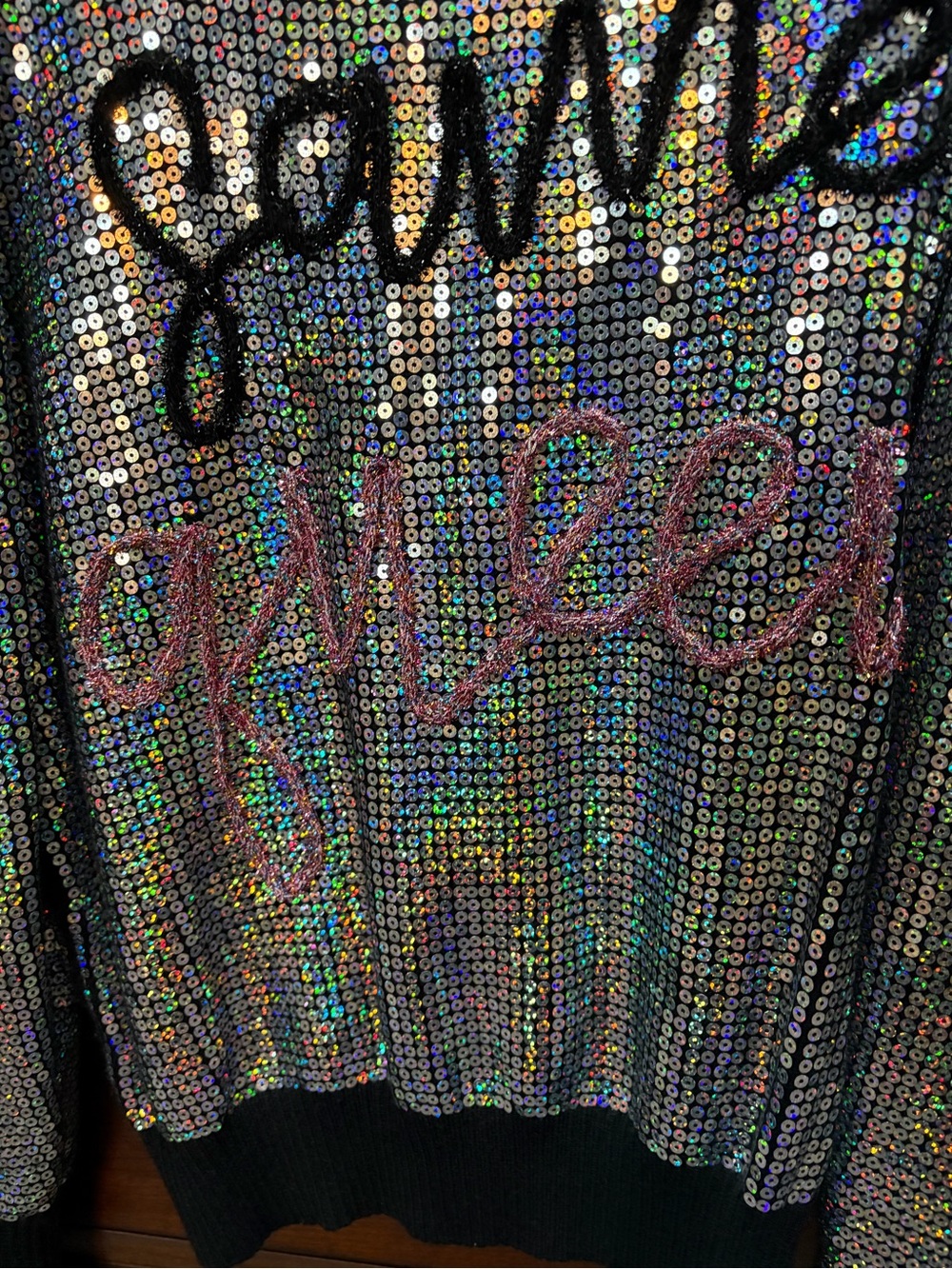 QUEEN OF SPARKLES Holographic Sequin Sweater with Black Trim - Picture 4 of 6